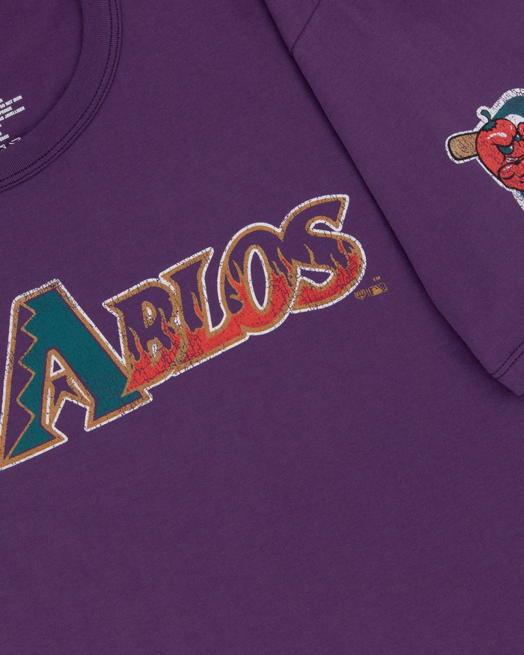 The El Paso Diablos EFF MiLB Vintage T-Shirt by Ebbets Field Flannels features bold “DIABLOS” lettering and a sleeve patch with a red baseball glove gripping a ball inside a “D”—a classic tribute to the vintage El Paso Diablos.
