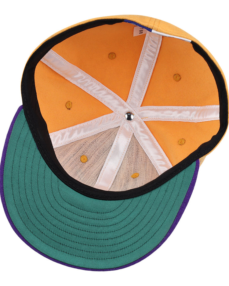 The EFF University of Washington 1936 Rowing Vintage Ballcap in gold features an orange crown, green brim, purple trim, and visible white interior seams and stitching on the underside.
