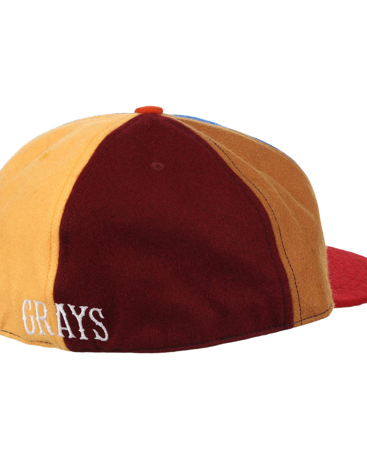The EFF Homestead Grays Vintage Inspired Pinwheel Ballcap features yellow, maroon, and orange panels with GRAYS embroidered in white on the back, honoring the original Negro National League team.