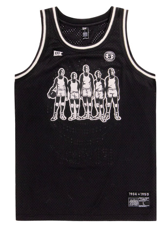 The Black Fives Basketball Jersey by EFF is black with white trim, showcasing five players on the front. The jersey honors the Black Fives legacy and features small white patches plus Ebbets Field Flannels labels at the neck and hem.