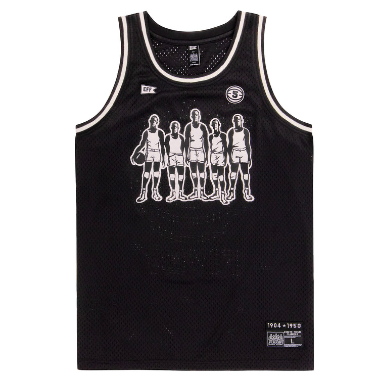 The Black Fives Basketball Jersey by EFF is black with white trim, showcasing five players on the front. The jersey honors the Black Fives legacy and features small white patches plus Ebbets Field Flannels labels at the neck and hem.