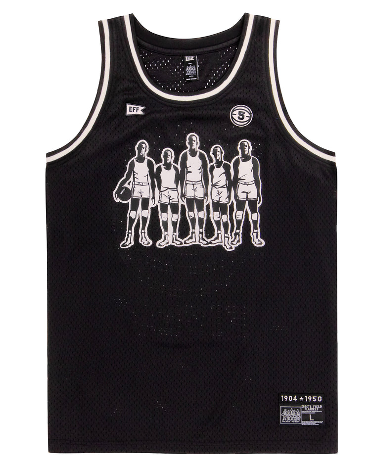 The Black Fives Basketball Jersey by EFF is black with white trim, showcasing five players on the front. The jersey honors the Black Fives legacy and features small white patches plus Ebbets Field Flannels labels at the neck and hem.