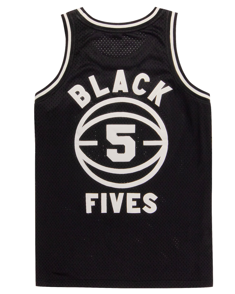 The EFF Black Fives Basketball Jersey is black with white trim, featuring BLACK FIVES and a large number 5 inside a basketball graphic on the back.
