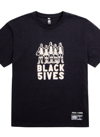The Ebbets Field Flannels Black Fives T-Shirt features five basketball players in white outline above BLACK 5IVES, honoring Black Fives and Black basketball history, plus a small text patch near the bottom hem.