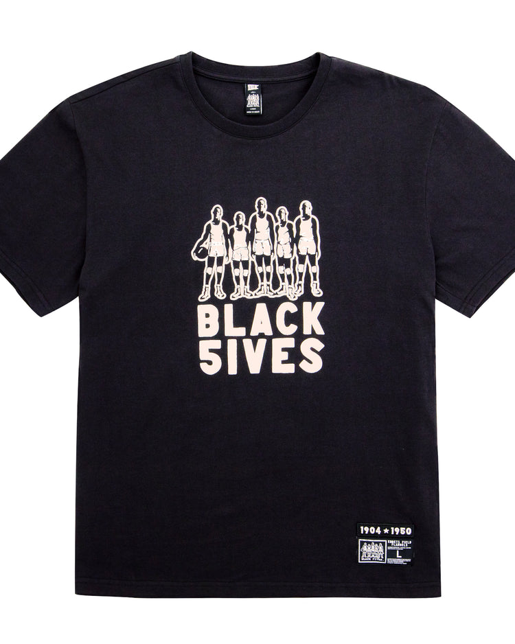 The Ebbets Field Flannels Black Fives T-Shirt features five basketball players in white outline above BLACK 5IVES, honoring Black Fives and Black basketball history, plus a small text patch near the bottom hem.