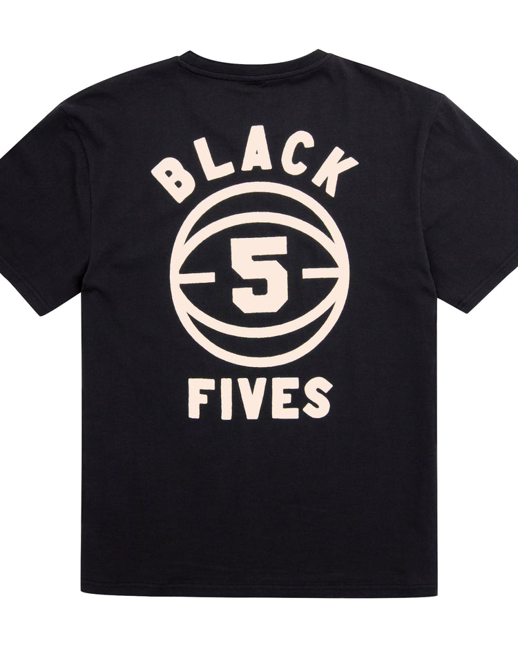 The Black Fives T-Shirt by Ebbets Field Flannels features a bold basketball graphic with the number 5 and “BLACK FIVES” in white lettering, celebrating Black basketball history on the shirt’s back.