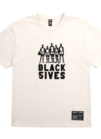 The Ebbets Field Flannels Black Fives T-Shirt in white showcases a black graphic of five basketball players above BLACK 5IVES, honoring Black Fives history, with a small rectangular label at the hem.
