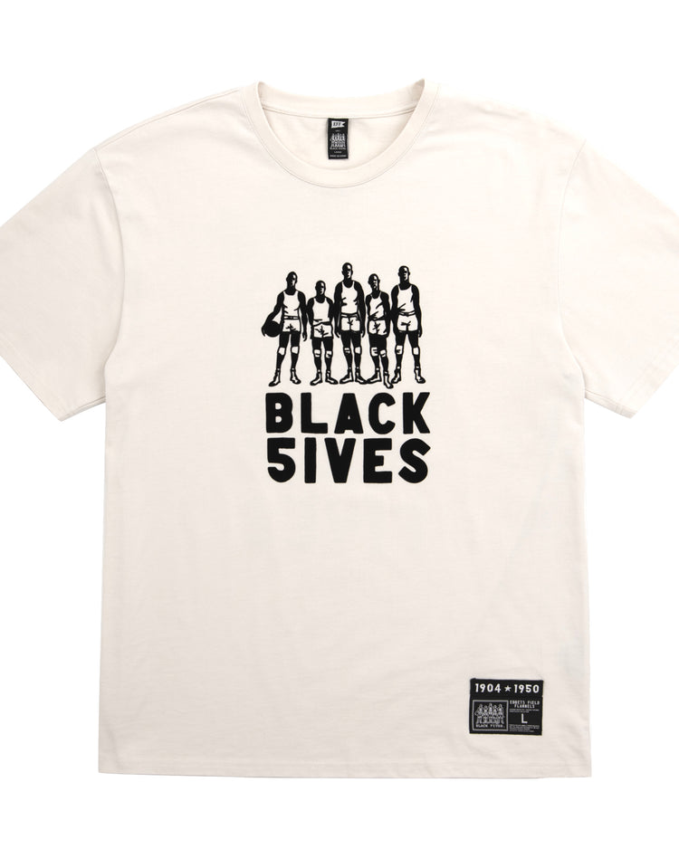 The Ebbets Field Flannels Black Fives T-Shirt in white showcases a black graphic of five basketball players above BLACK 5IVES, honoring Black Fives history, with a small rectangular label at the hem.