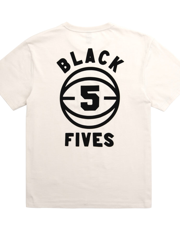 The Ebbets Field Flannels Black Fives T-Shirt - White features a bold black basketball graphic with the number 5 and “BLACK FIVES,” celebrating Black basketball history.