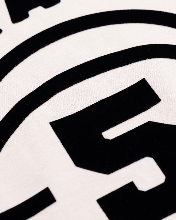 Close-up of the bold black number 5 and lettering on the Ebbets Field Flannels Black Fives T-Shirt in white, evoking Black basketball history and the legacy of the Black Fives.