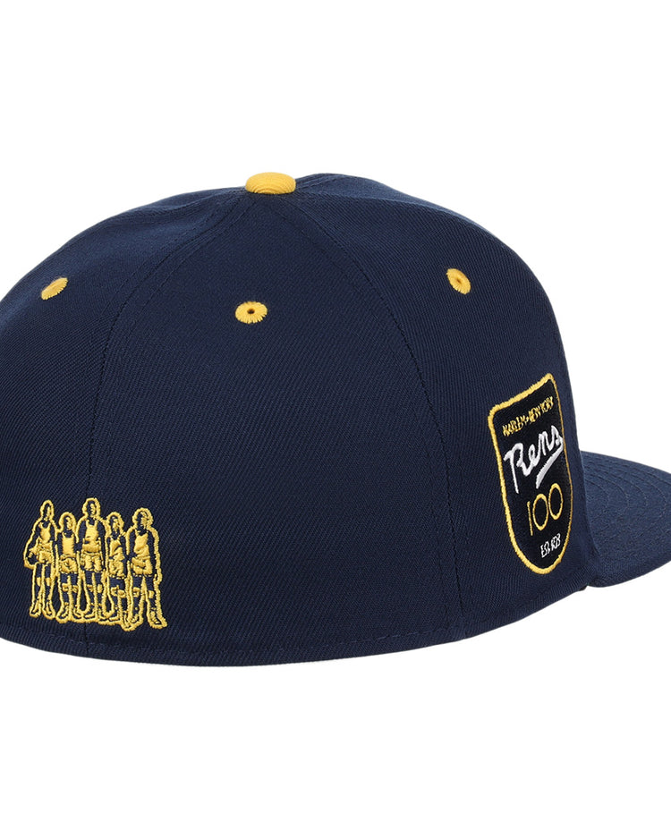 The New York Rens Fitted Ballcap by Ebbets Field Flannels is a navy cap featuring a yellow Rams 100 patch and five-person silhouette, celebrating Black basketball legends like the famed New York Rens.