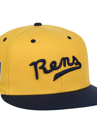 The New York Rens Snapback Ballcap by Ebbets Field Flannels is yellow with a navy brim, “Rens” embroidered in navy on the front, and a black-and-yellow “Rens 100” patch honoring Black basketball history.