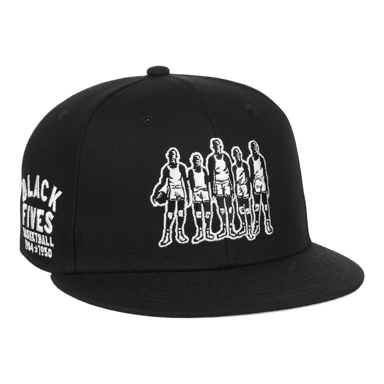 The Black Fives Fitted Ballcap by Ebbets Field Flannels features an embroidered outline of five vintage basketball players and BLACK FIVES BASKETBALL 1904-1950 on the side, honoring Black Fives history and Ebbets Field Flannels heritage.