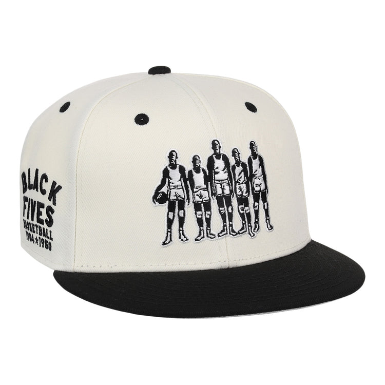The Ebbets Field Flannels Black Fives Snapback Ballcap features an illustration of five vintage basketball players on the front and BLACK FIVES BASKETBALL 1904–1950 embroidered on the side, celebrating Black basketball history.
