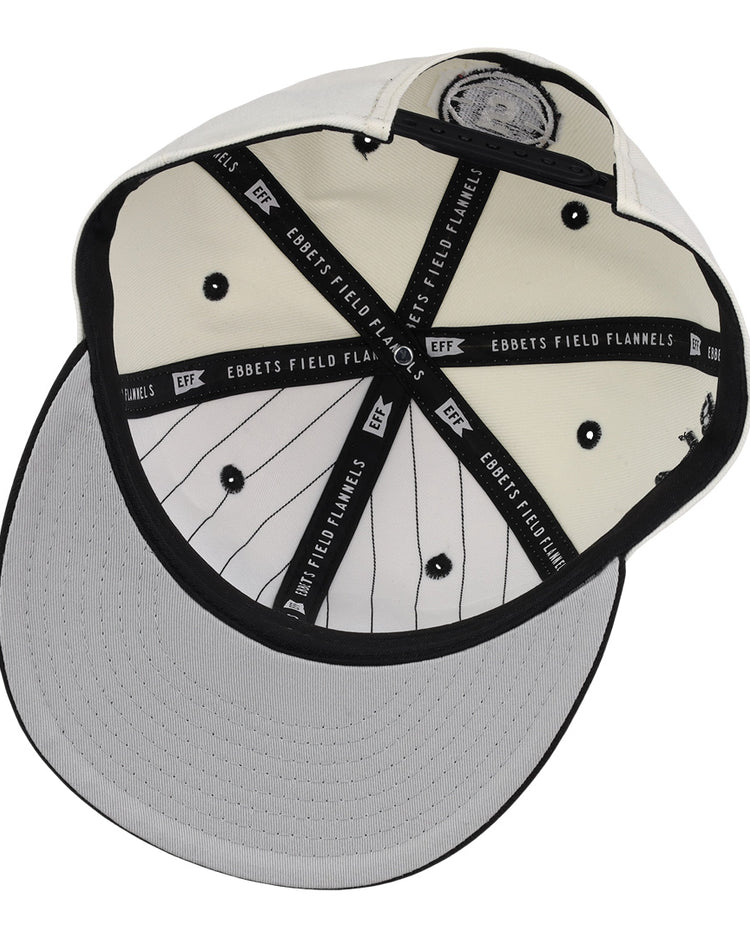 The inside view of the Black Fives Snapback Ballcap by Ebbets Field Flannels features black stitching, gray pinstriped inner panels, and branded taping—celebrating Black Fives and Black basketball history.