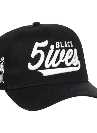 The Black Fives Snapback A-Frame by Ebbets Field Flannels features 5lives BLACK in bold white embroidery, a small group of illustrated people on the side, and pays tribute to Black Fives basketball history.