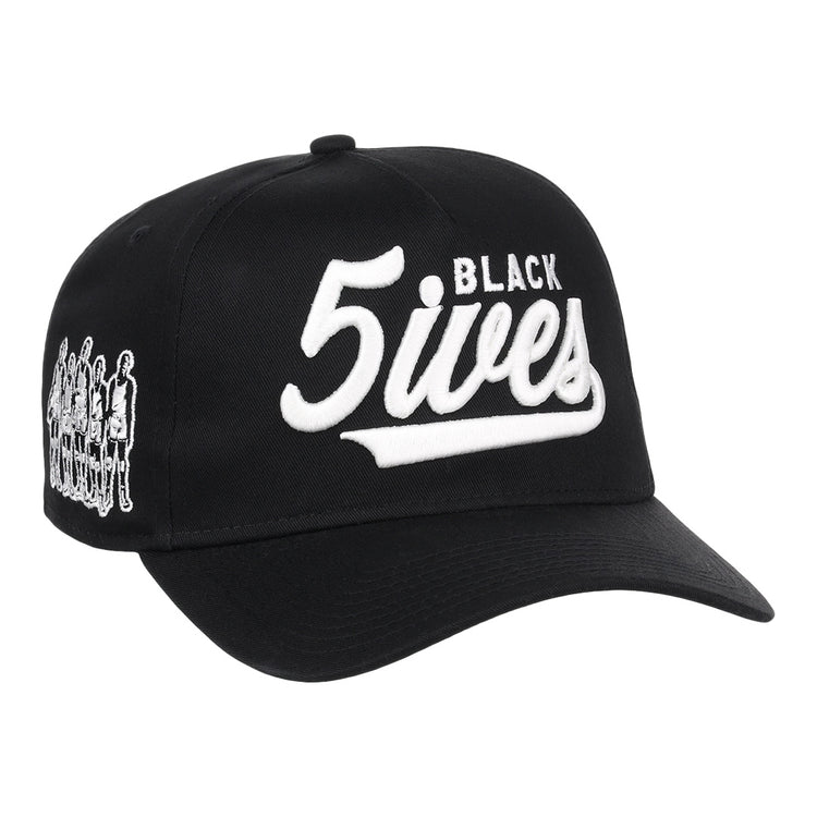 The Black Fives Snapback A-Frame by Ebbets Field Flannels features 5lives BLACK in bold white embroidery, a small group of illustrated people on the side, and pays tribute to Black Fives basketball history.