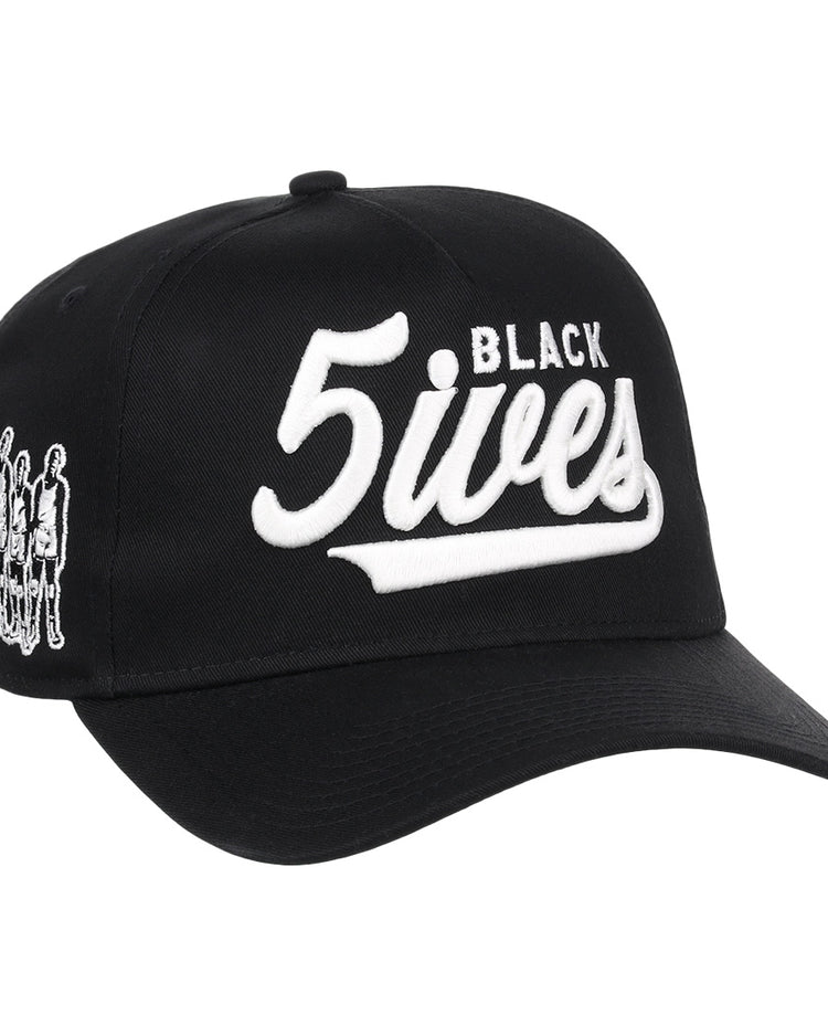 The Black Fives Snapback A-Frame by Ebbets Field Flannels features 5lives BLACK in bold white embroidery, a small group of illustrated people on the side, and pays tribute to Black Fives basketball history.