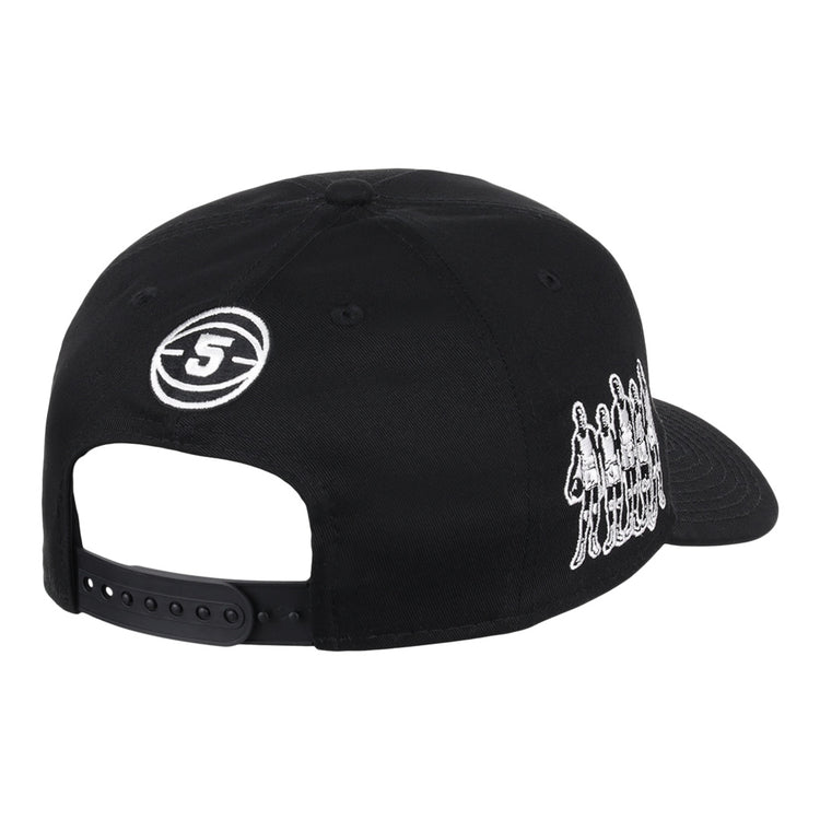 The Black Fives Snapback A-Frame by Ebbets Field Flannels is a black cap featuring a white embroidered 5 in a circle on the back and five outlined figures on the side, honoring Black Fives and basketball history. Adjustable strap included.