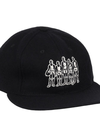 The Black Fives Wool Ballcap by Ebbets Field Flannels is a black vintage-inspired baseball cap featuring a white outline graphic of five people standing in a row on the front, celebrating the legacy of the Black Fives.