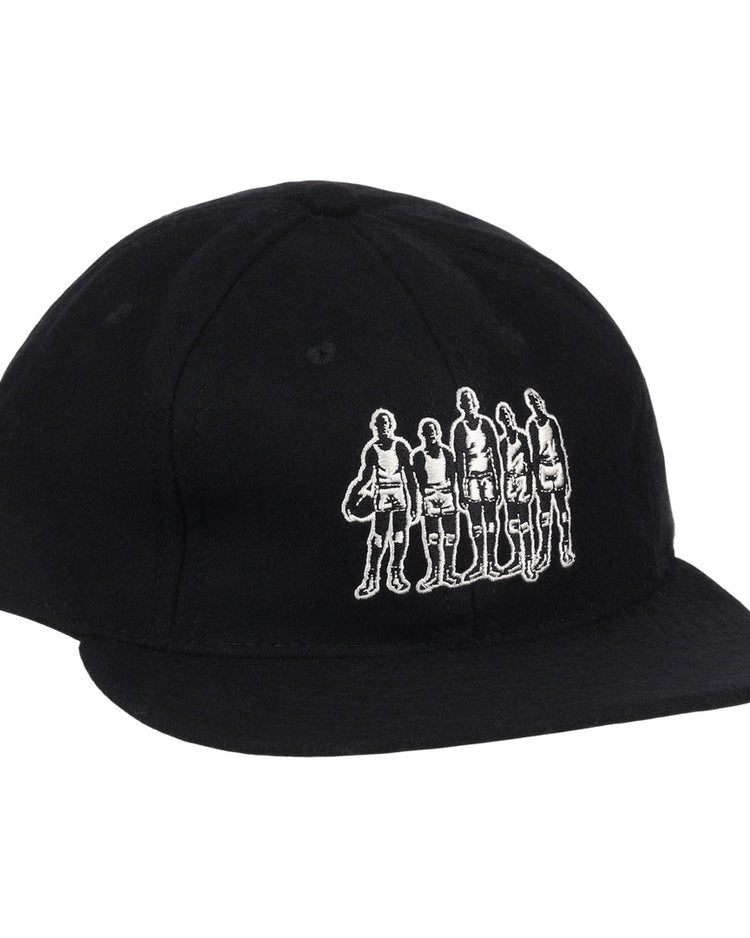 The Black Fives Wool Ballcap by Ebbets Field Flannels is a black vintage-inspired baseball cap featuring a white outline graphic of five people standing in a row on the front, celebrating the legacy of the Black Fives.