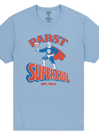 The PBR EFF Vintage Beer T-Shirt by Ebbets Field Flannels is a light blue tee with a cartoon superhero holding a beer and “Pabst Super Cool Est. 1844” in red, blue, and white, honoring Pabst Blue Ribbon’s Milwaukee legacy.