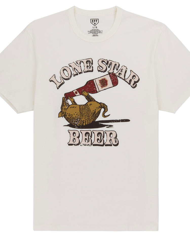 The Lone Star EFF Vintage Beer T-Shirt by Ebbets Field Flannels is a white tee featuring an armadillo on its back as a beer bottle pours into its mouth, with bold Lone Star Beer: National Beer of Texas lettering above and below.
