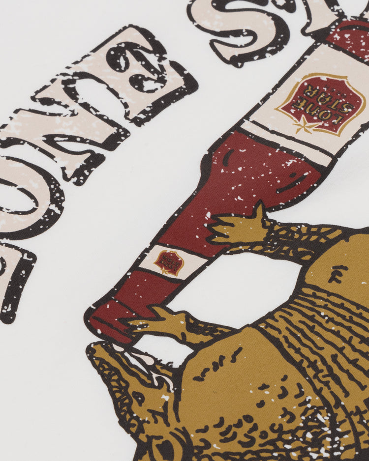The Lone Star EFF Vintage Beer T-Shirt by Ebbets Field Flannels features a graphic of an armadillo drinking from a Texas beer bottle with bold, distressed Lone Star text on a white background.