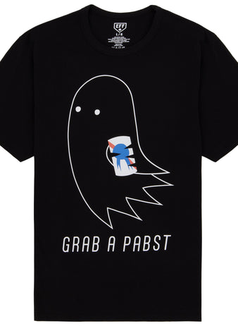 The PBR EFF Vintage Beer T-Shirt - Ghost by Ebbets Field Flannels features a white cartoon ghost with a Pabst Blue Ribbon can and GRAB A PABST text—perfect for fans of the iconic Session Collection.