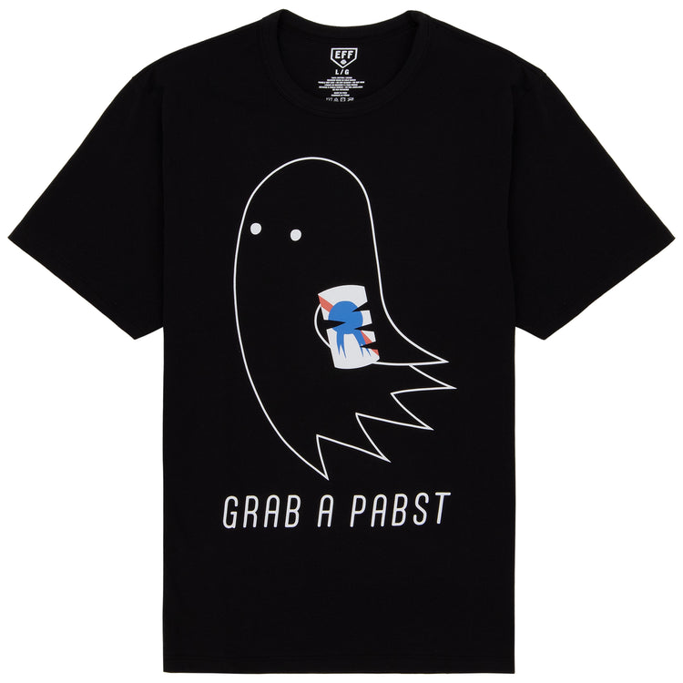 The PBR EFF Vintage Beer T-Shirt - Ghost by Ebbets Field Flannels features a white cartoon ghost with a Pabst Blue Ribbon can and GRAB A PABST text—perfect for fans of the iconic Session Collection.