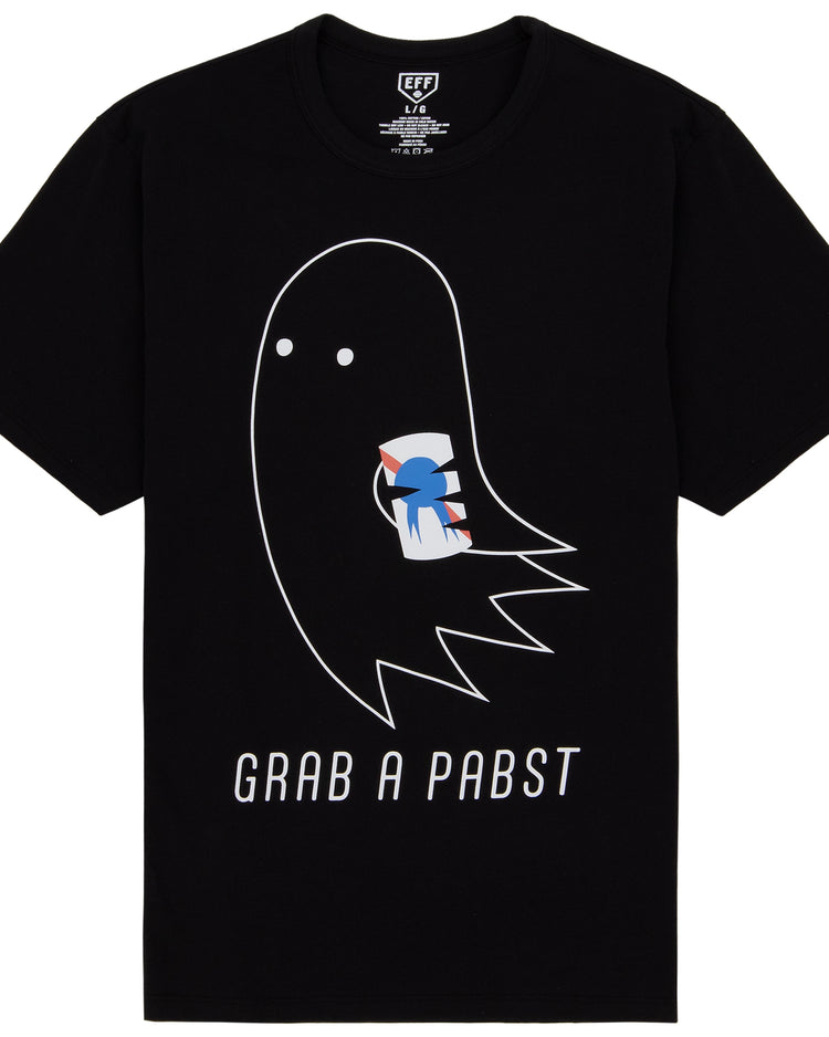 The PBR EFF Vintage Beer T-Shirt - Ghost by Ebbets Field Flannels features a white cartoon ghost with a Pabst Blue Ribbon can and GRAB A PABST text—perfect for fans of the iconic Session Collection.