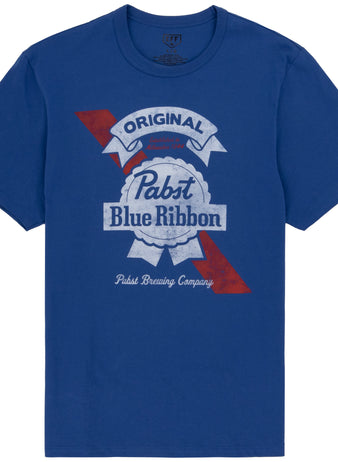 The PBR EFF Vintage Beer T-Shirt in Royal Blue by Ebbets Field Flannels showcases the iconic Pabst Blue Ribbon logo with a red stripe, Original text, and celebrates classic Milwaukee beer heritage.