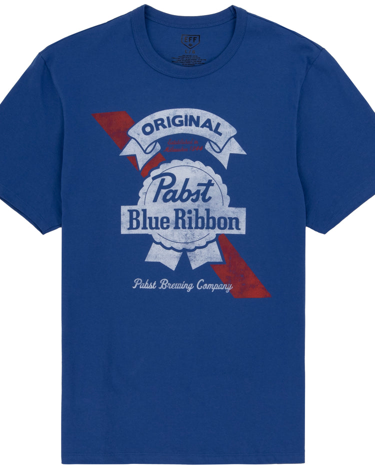 The PBR EFF Vintage Beer T-Shirt in Royal Blue by Ebbets Field Flannels showcases the iconic Pabst Blue Ribbon logo with a red stripe, Original text, and celebrates classic Milwaukee beer heritage.
