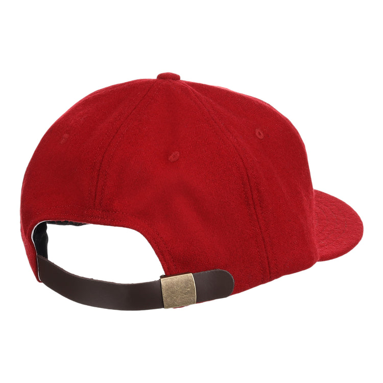 The Old Milwaukee EFF Vintage Beer Wool Ballcap by EFF is a red vintage cap shown from the back, featuring a brown adjustable strap with a gold buckle.