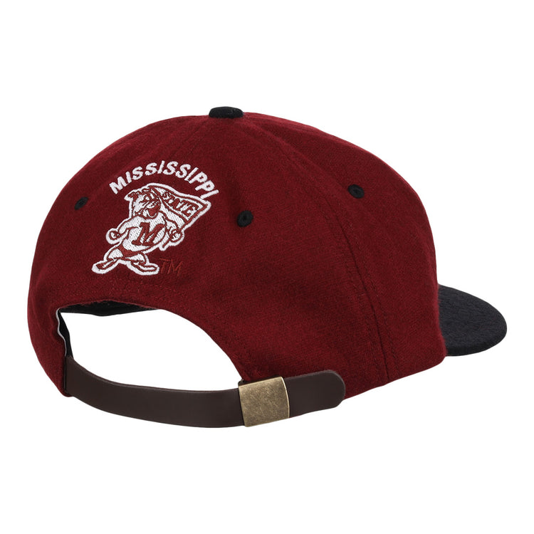 The EFF Mississippi State Bulldogs Collegiate Wool Ballcap features a maroon crown, black brim, embroidered MISSISSIPPI, mascot logo on the back, and an adjustable strap with brass buckle—ideal for fans wanting a classic college look.