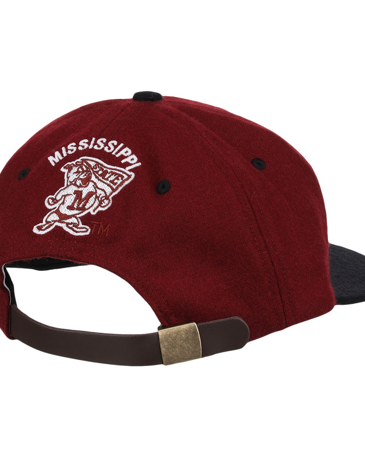 The EFF Mississippi State Bulldogs Collegiate Wool Ballcap features a maroon crown, black brim, embroidered MISSISSIPPI, mascot logo on the back, and an adjustable strap with brass buckle—ideal for fans wanting a classic college look.