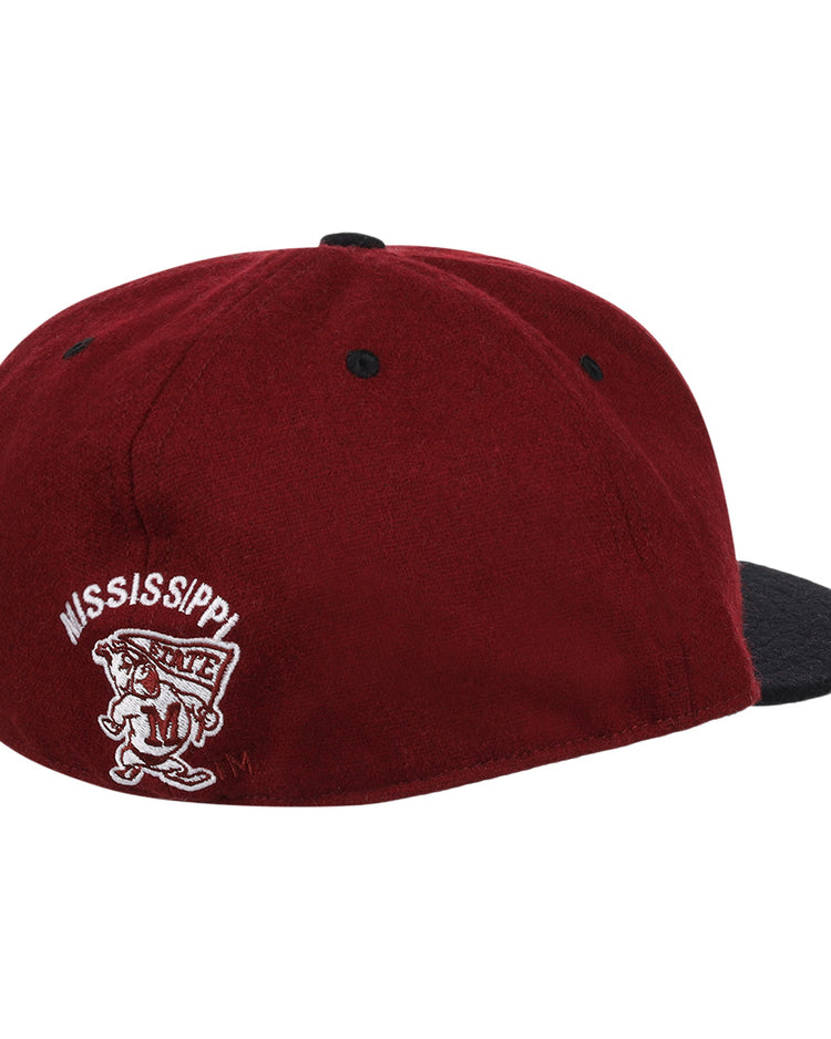 The EFF Mississippi State Bulldogs Collegiate Wool Ballcap features maroon and black colors, MISSISSIPPI and a bulldog mascot logo embroidered on the back left, plus black top button and eyelets for a classic college look.