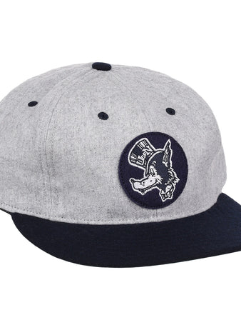 The EFF University of Nevada Wolf Pack Mascot Collegiate Wool Ballcap features a vintage gray crown, dark blue brim, and a front circular patch of a donkey in a hat—an officially licensed college vault design.
