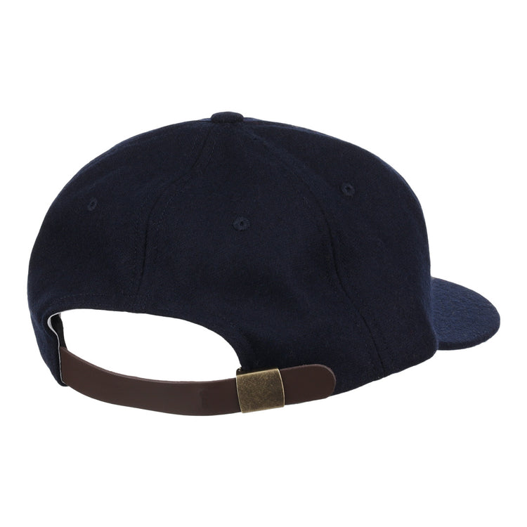 A navy blue vintage wool cap by EFF, shown from the back with an adjustable brown strap and brass buckle—an officially licensed University of Nevada Wolf Pack collegiate ballcap.