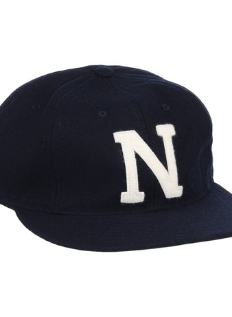The EFF University of Nevada Wolf Pack Patch Collegiate Wool Ballcap is a navy blue vintage-style cap with a bold white N on the front, ideal for fans wanting classic college sports flair.