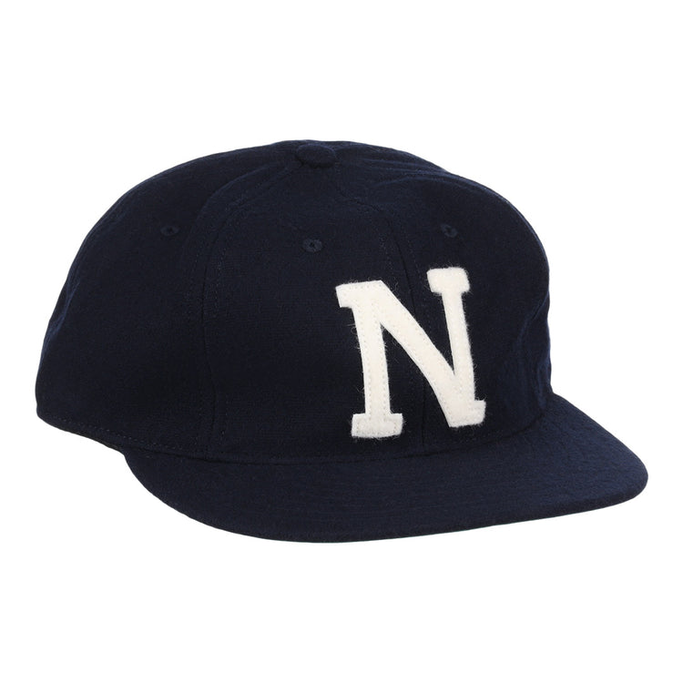 The EFF University of Nevada Wolf Pack Patch Collegiate Wool Ballcap is a navy blue vintage-style cap with a bold white N on the front, ideal for fans wanting classic college sports flair.