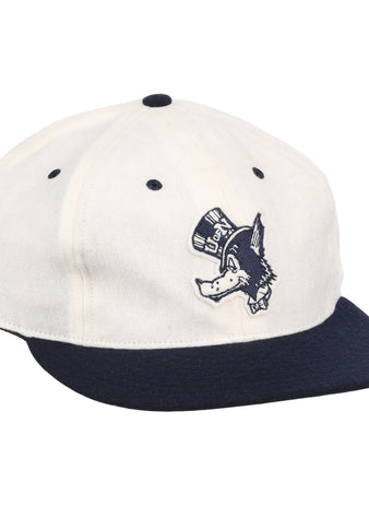 The EFF University of Nevada Wolf Pack Mascot Collegiate Wool Ballcap in white features a navy brim and button, plus an embroidered Wolf Pack logo—perfect for standout collegiate style.