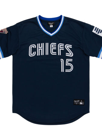 The Syracuse Chiefs EFF MiLB Vintage V-Neck Baseball Jersey by EFF is navy blue with “CHIEFS” and the number 15 in white, white and blue trim, sleeve patches, and classic International League style.