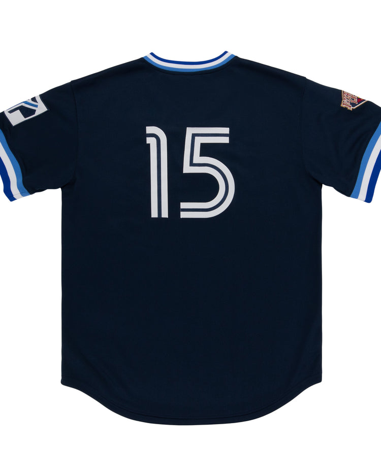 The Syracuse Chiefs EFF MiLB Vintage V-Neck Baseball Jersey by EFF features navy blue fabric, white number 15 on the back, blue and white striped sleeves, and International League patches on both sleeves.