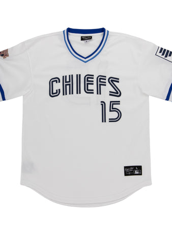 The EFF Syracuse Chiefs MiLB Vintage V-Neck Baseball Jersey in white features blue sleeve stripes, CHIEFS and 15 on the front, sleeve patches, and a hem tag for classic International League style.