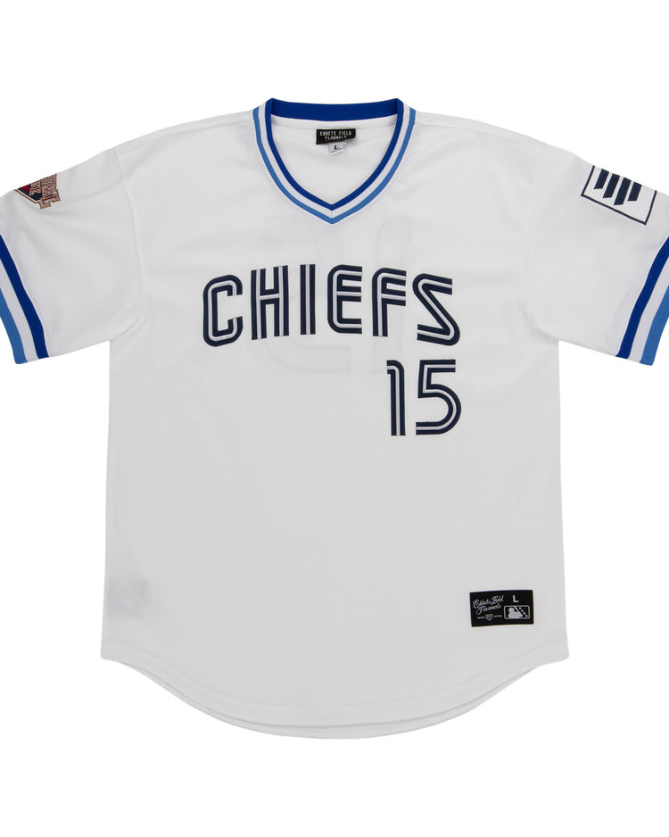 The EFF Syracuse Chiefs MiLB Vintage V-Neck Baseball Jersey in white features blue sleeve stripes, CHIEFS and 15 on the front, sleeve patches, and a hem tag for classic International League style.