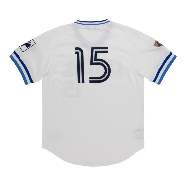The EFF Syracuse Chiefs MiLB Vintage V-Neck Baseball Jersey in white features bold blue trim, number 15 on the back, blue sleeve stripes and patches, and an International League-inspired design.