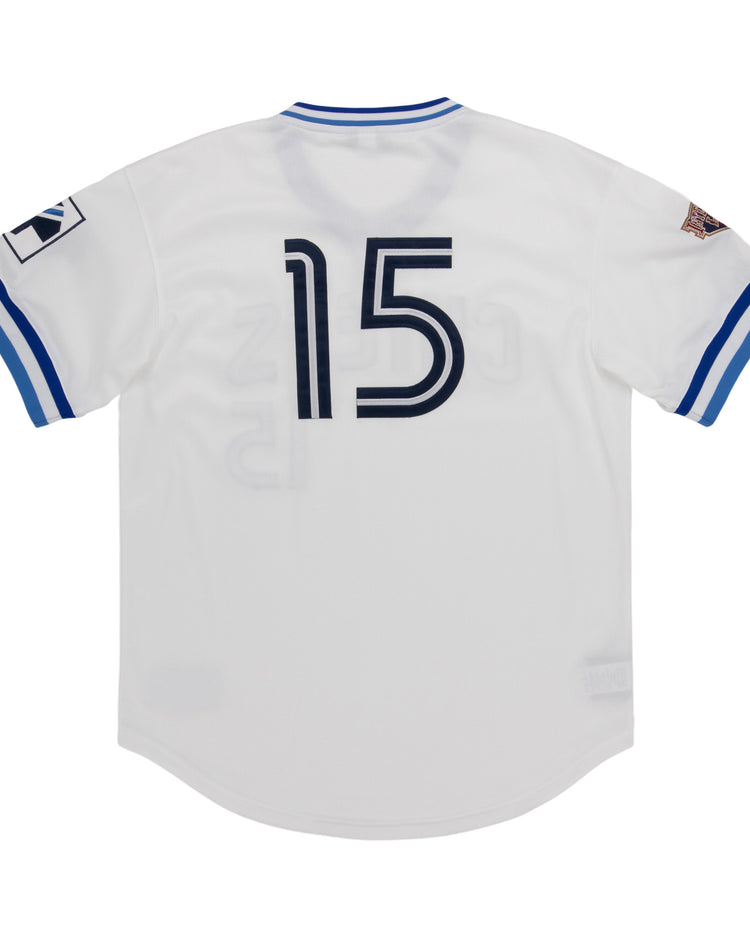 The EFF Syracuse Chiefs MiLB Vintage V-Neck Baseball Jersey in white features bold blue trim, number 15 on the back, blue sleeve stripes and patches, and an International League-inspired design.