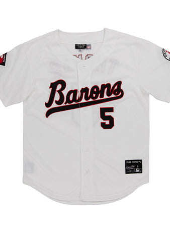 The Birmingham Barons EFF MiLB Button Down Jersey by EFF features Barons in black script with a red outline, number 5, and team logo patches on both sleeves—a nod to Frank Thomas’s classic Southern League era style.