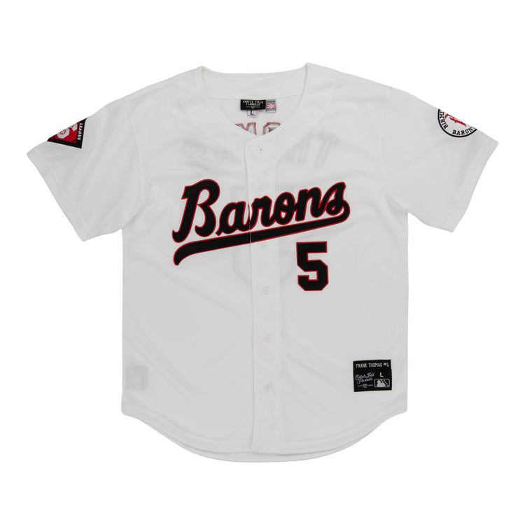 The Birmingham Barons EFF MiLB Button Down Jersey by EFF features Barons in black script with a red outline, number 5, and team logo patches on both sleeves—a nod to Frank Thomas’s classic Southern League era style.